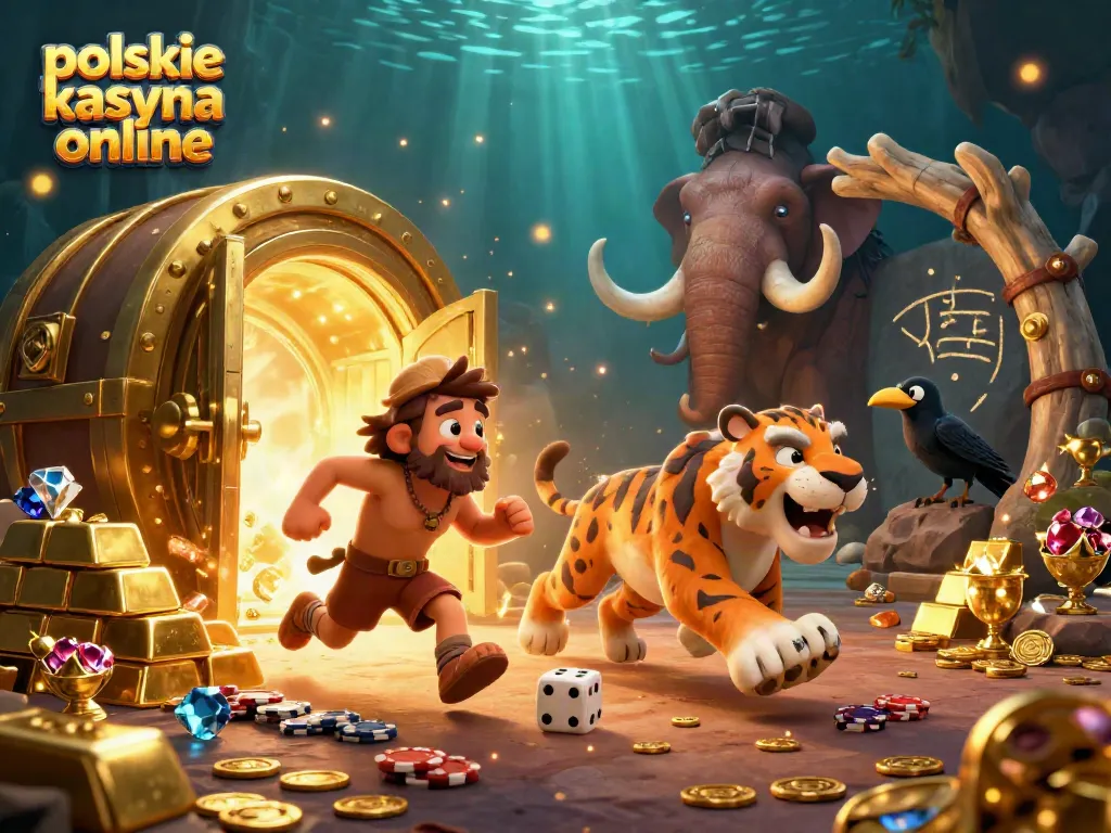 Experience exciting gameplay at polskie kasyna online with prehistoric characters enjoying vivid casino adventure.