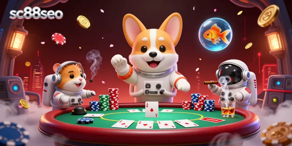 Join the fun with sc88seo in a lively space casino scene featuring a playful astronaut corgi and a mission-control hamster.