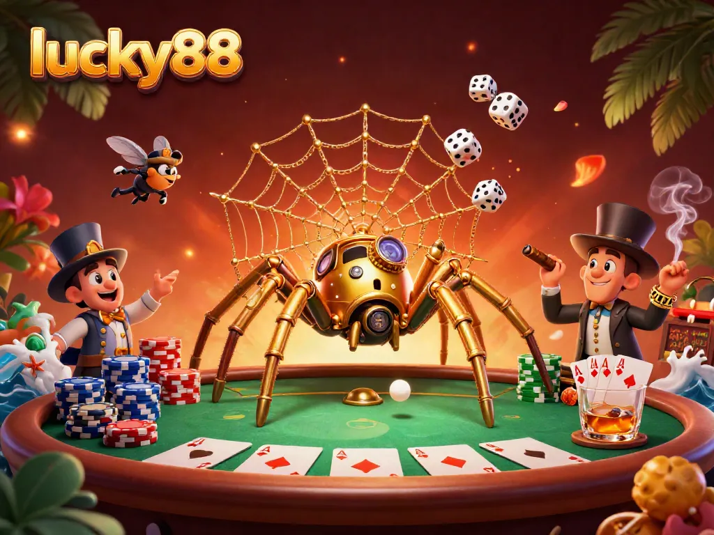 Engage with lucky88's thrilling casino scenes featuring a steampunk spider and poker elements.