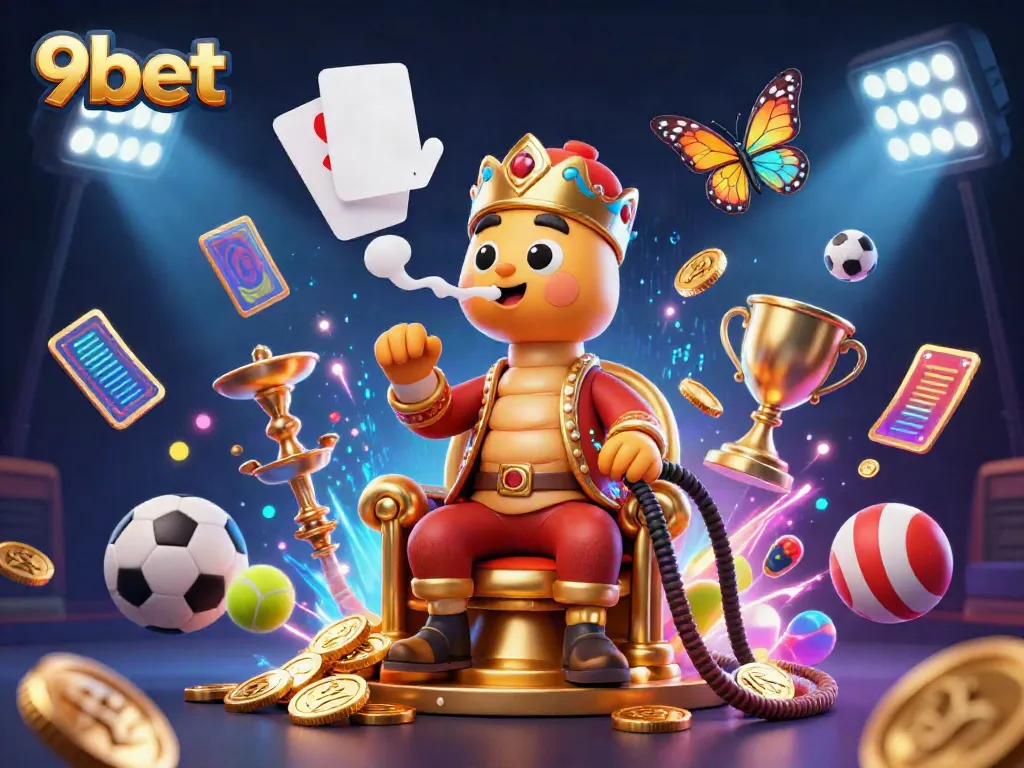 Experience the thrill of betting at 9bet with a dynamic 3D illustration featuring a hookah-master and sports elements.