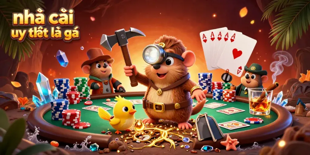Experience the thrill of casino games with "nhà cái uy tín là gì" illustrated as a lively treasure hunt in a vibrant cave.