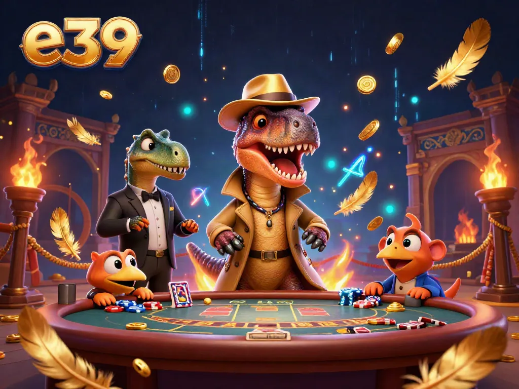 Experience thrilling gameplay with e39, where a velociraptor card counter and a stegosaurus pit boss interact at a vibrant blackjack table.
