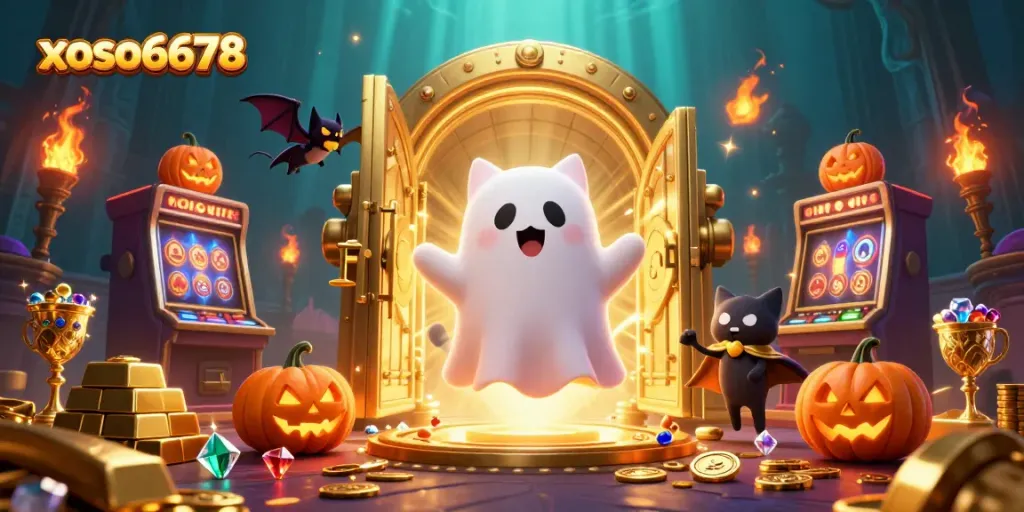 Join the ghost cat and bat companions in the thrilling xoso6678 haunted casino adventure.