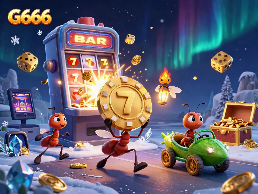 Ants pull a giant poker chip in a vibrant casino heist scene, showcasing the keyword G666.
