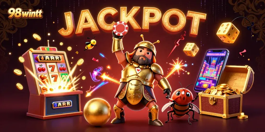 Witness the excitement of 98wintt with a triumphant beetle in a casino scenario, showcasing vibrant games and winnings.