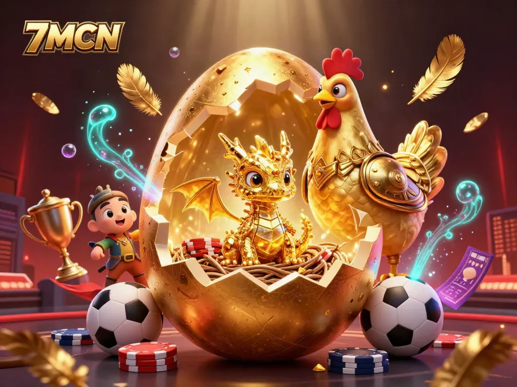 7MCN showcases a colossal golden egg revealing a golden baby dragon, ideal for sports bettors.