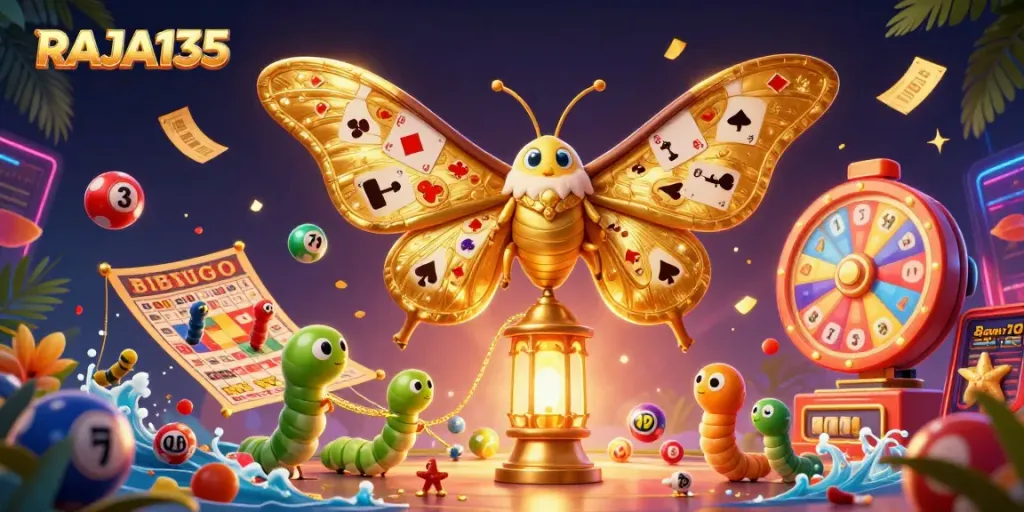 Engage with RAJA135 through vibrant lottery scenes and casino elements.