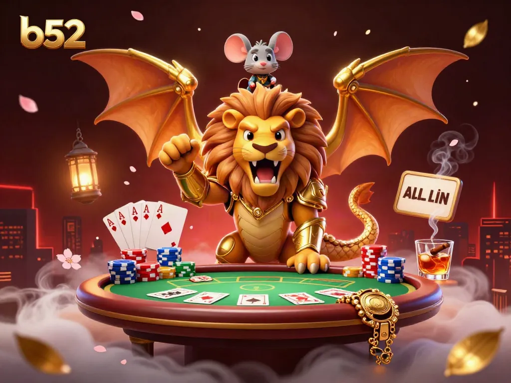 Engage with the b52 casino atmosphere featuring a powerful chimera creature and dynamic poker elements.