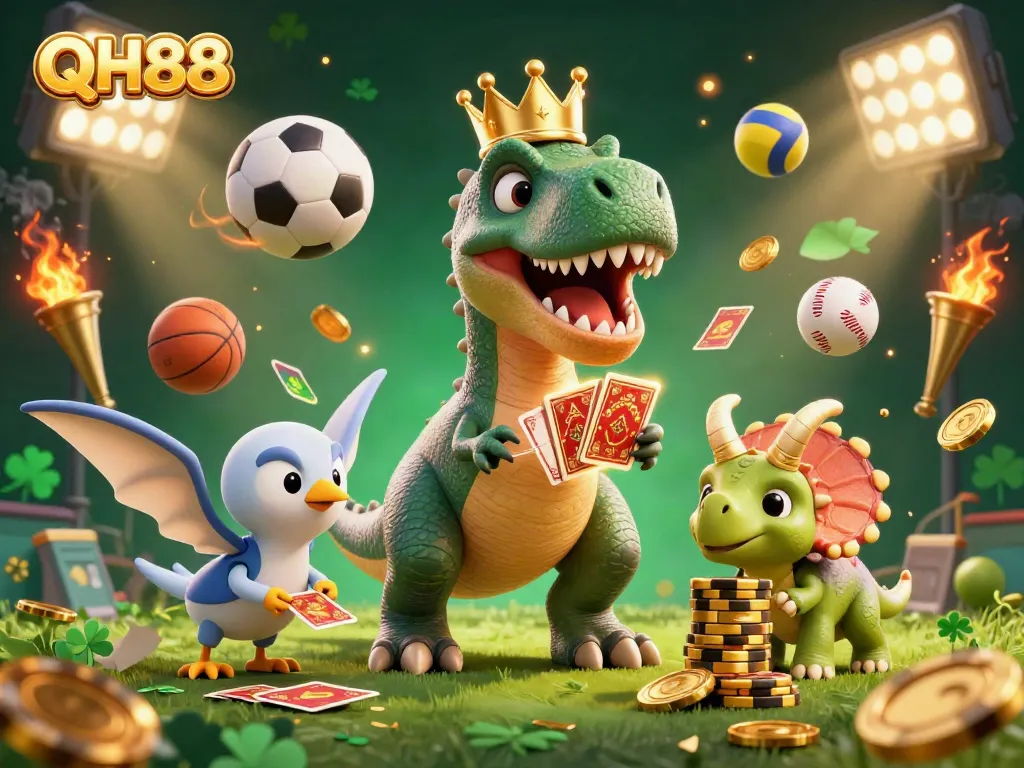 Engage with QH88's vibrant dynamic illustration showing a T-Rex shuffling cards and a baby triceratops stacking chips.
