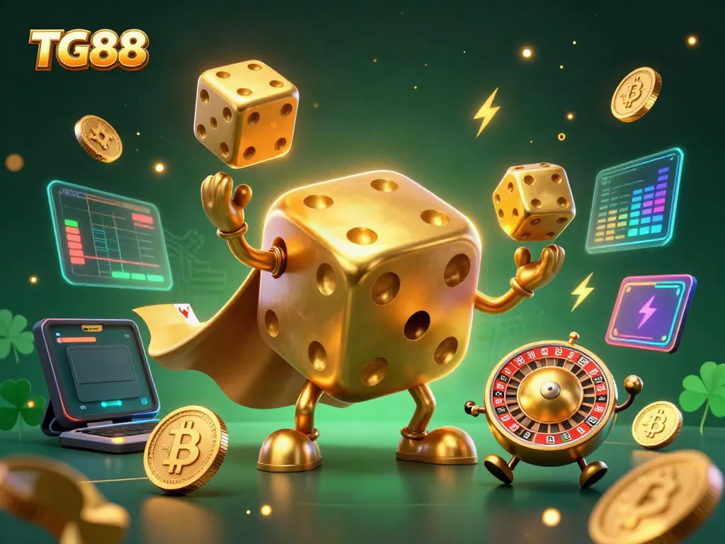 Experience thrilling gaming with TG88's vibrant 3D cartoon casino illustration featuring iconic game elements.