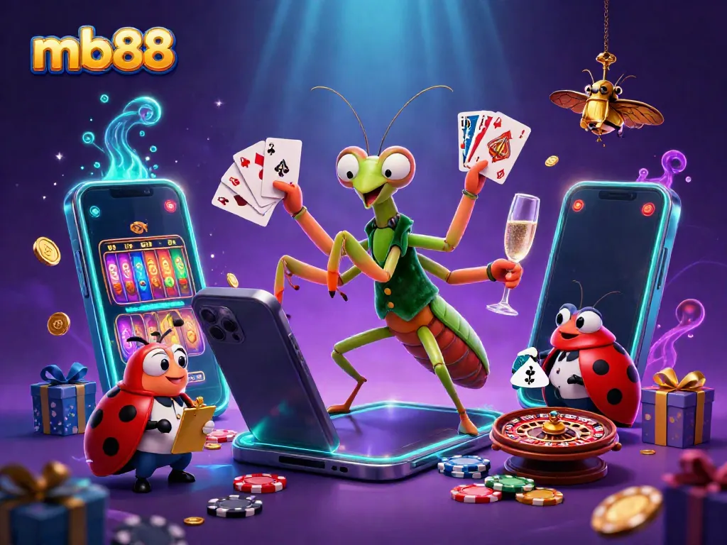 Experience thrilling moments at mb88 with a giant card sharp and ladybug pit boss celebrating wins with games and champagne.