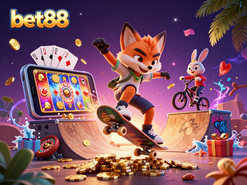 Experience exciting wins with bet88 in a vibrant 3D casino scene featuring games and playful characters.
