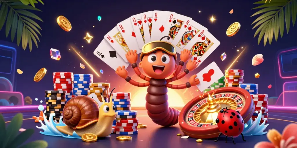Experience the thrill of e39game with vibrant casino action featuring a playful millipede dealer and high-rolling snail.