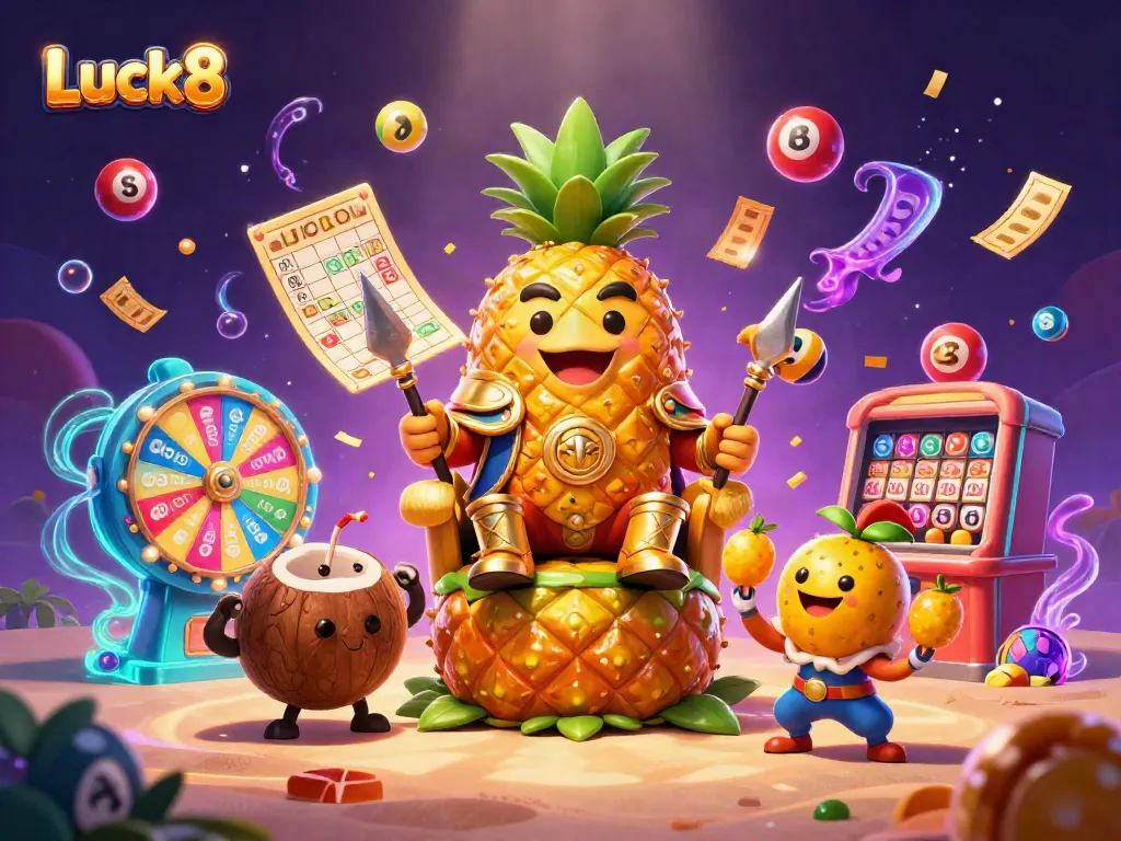 Luck8 casino-themed illustration featuring a tropical king with fun elements like colorful lottery balls and dynamic prizes.