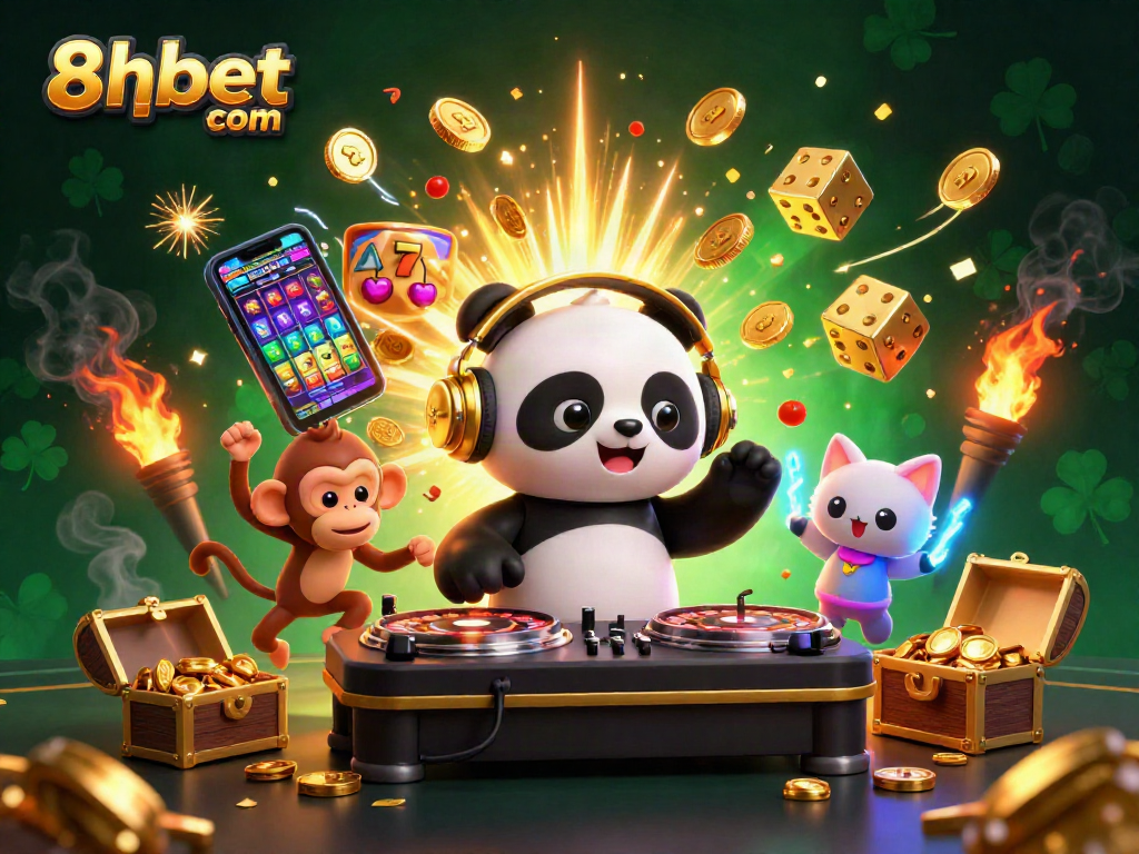 Join the excitement at 8xbet com with vibrant casino characters and jackpot elements in this immersive scene.