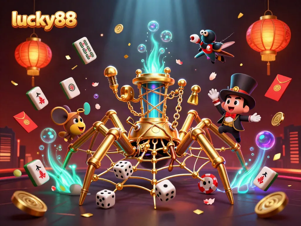 Experience thrilling gameplay at lucky88 with a steampunk spider and poker-themed scene filled with vibrant elements.