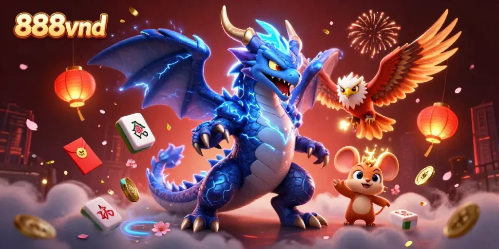 Experience thrilling gaming action with 888vnd, showcasing vibrant characters and rich casino elements.