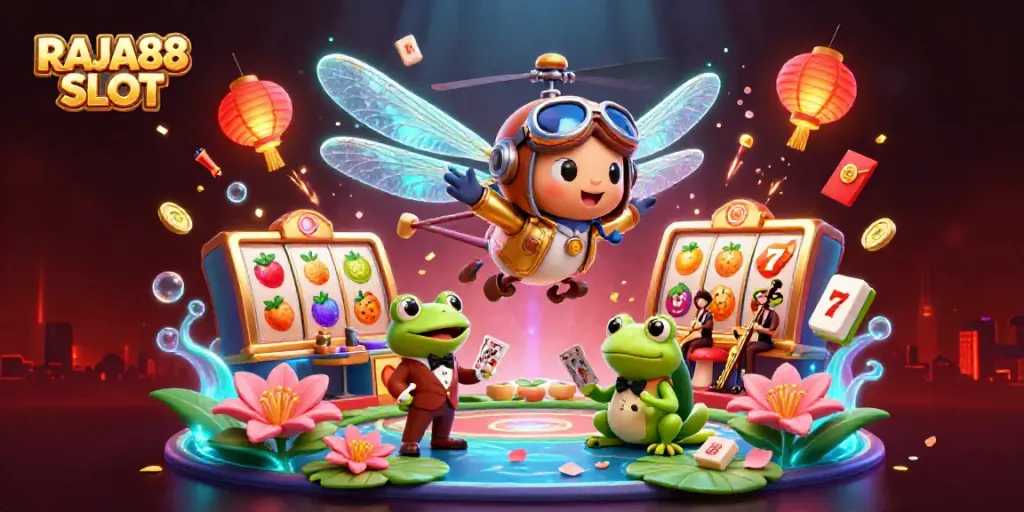 Experience RAJA88 SLOT: A lively 3D illustration of a dragonfly pilot, frog dealer, and music at a lily pad casino.