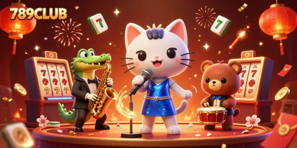 Explore vibrant 789CLUB casino scene featuring dynamic characters and celebratory elements.