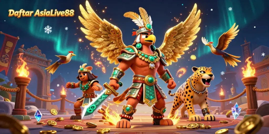 Jackpot excitement with the Daftar AsiaLive88 characters in a vibrant casino scene full of gold coins.