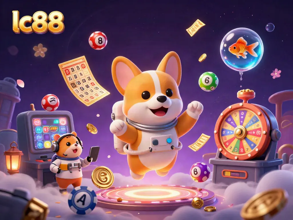 Experience thrilling games with lc88 in a vibrant casino space with floating coins and lottery balls.