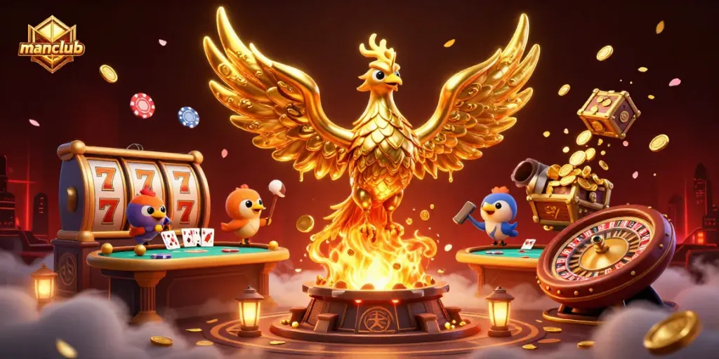 manclub illuminates casino thrills with a dynamic phoenix emerging from gold, slot and poker elements filling the scene