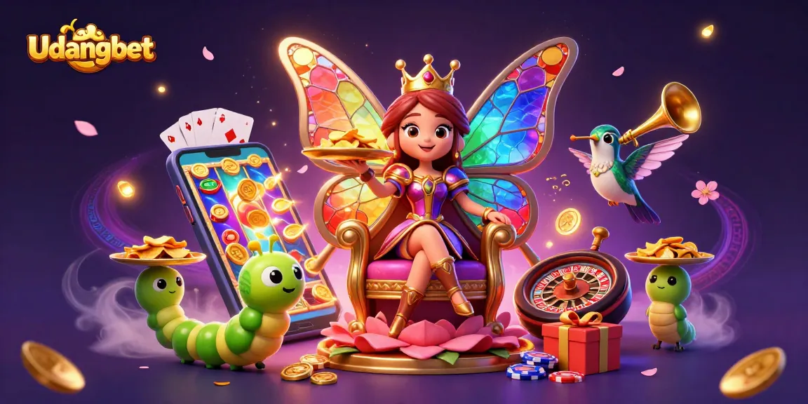 Experience thrilling gaming dynamics with Udangbet's vibrant casino illustration featuring a butterfly queen.