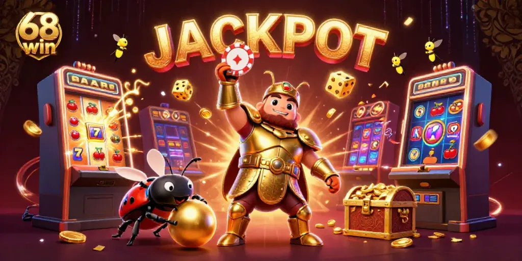 Experience excitement with 68 win as a hercules beetle champions jackpot in a vibrant 3D casino scene.