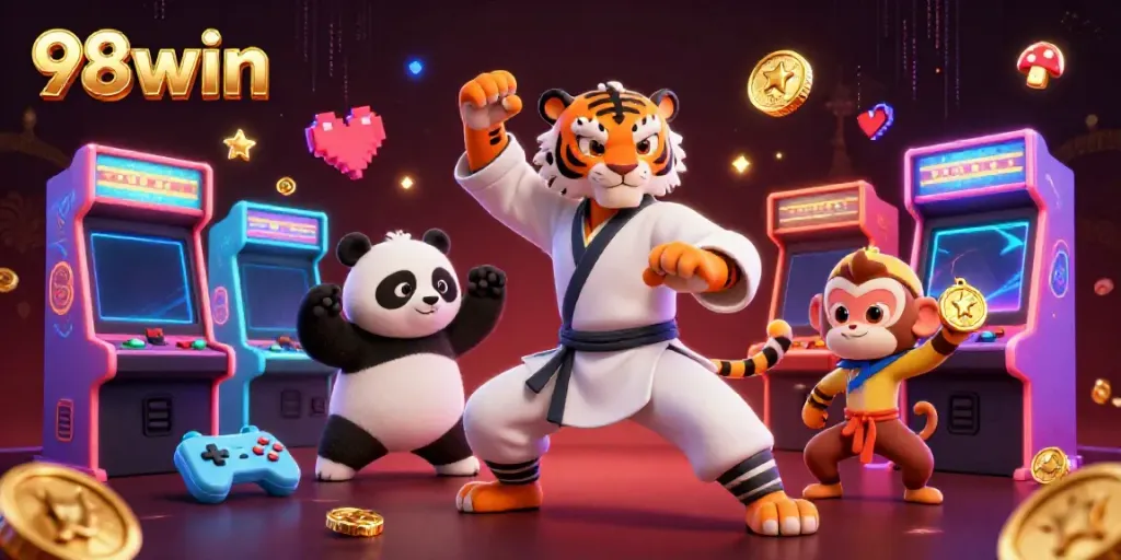 Engaging scene at 98win showcasing a kung fu tiger, panda disciple, and monkey student amidst colorful casino games.
