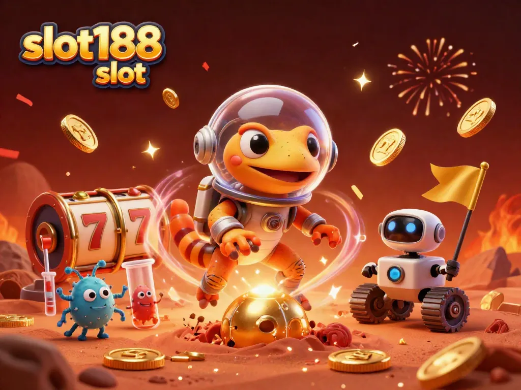 Gali jackpot di slot188 slot dengan gecko Martian bersejarah dan mesin slot mengambang.
