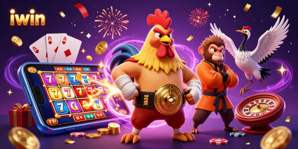 iwin gaming illustration featuring a Muay Thai rooster, Shaolin monkey, and crane master amidst a vibrant casino scene.