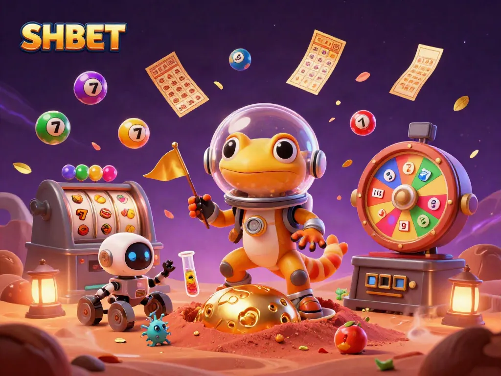 Experience the thrill of SHBET with a Martian gecko uncovering a golden casino amid vibrant gaming elements.