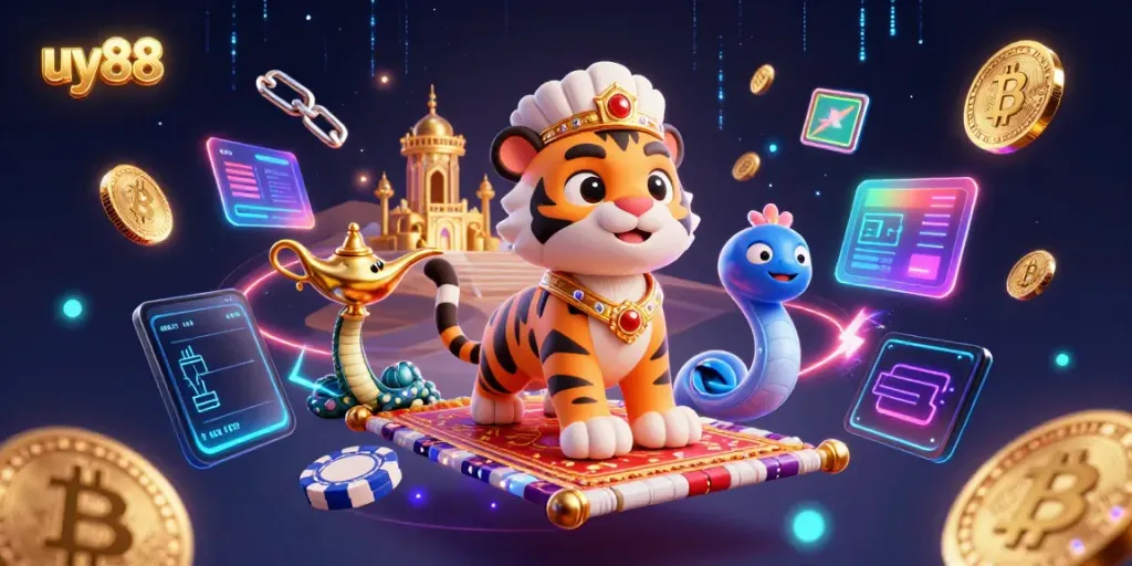 Experience the vibrant action of uy88 with a cartoon tiger sultan, crypto coins, and a casino-themed scene.