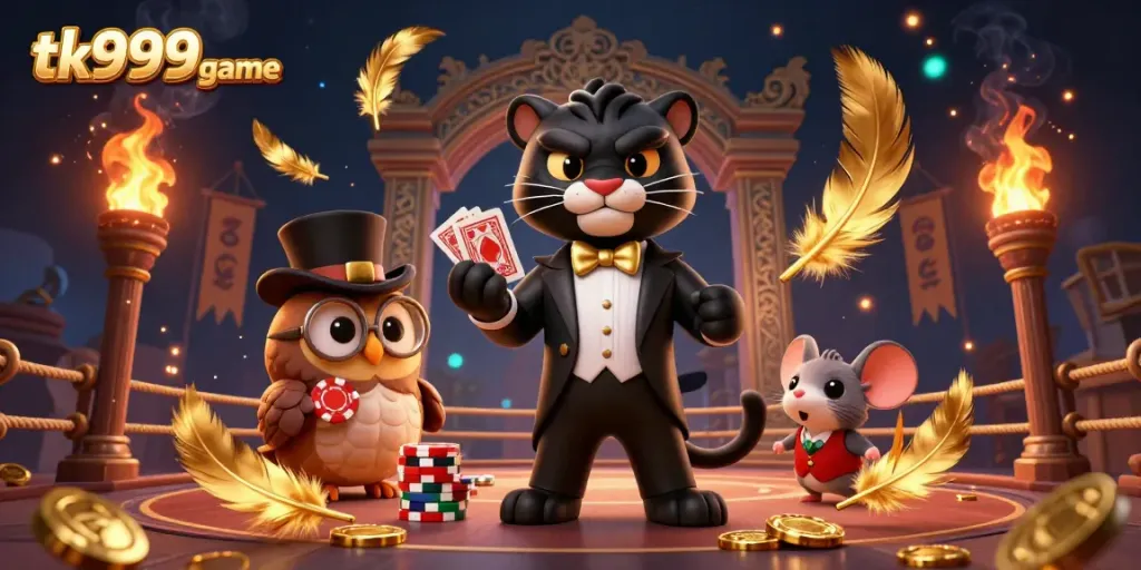Experience the excitement of tk999mobilegame with stylish 3D characters dealing cards amidst vibrant casino elements.