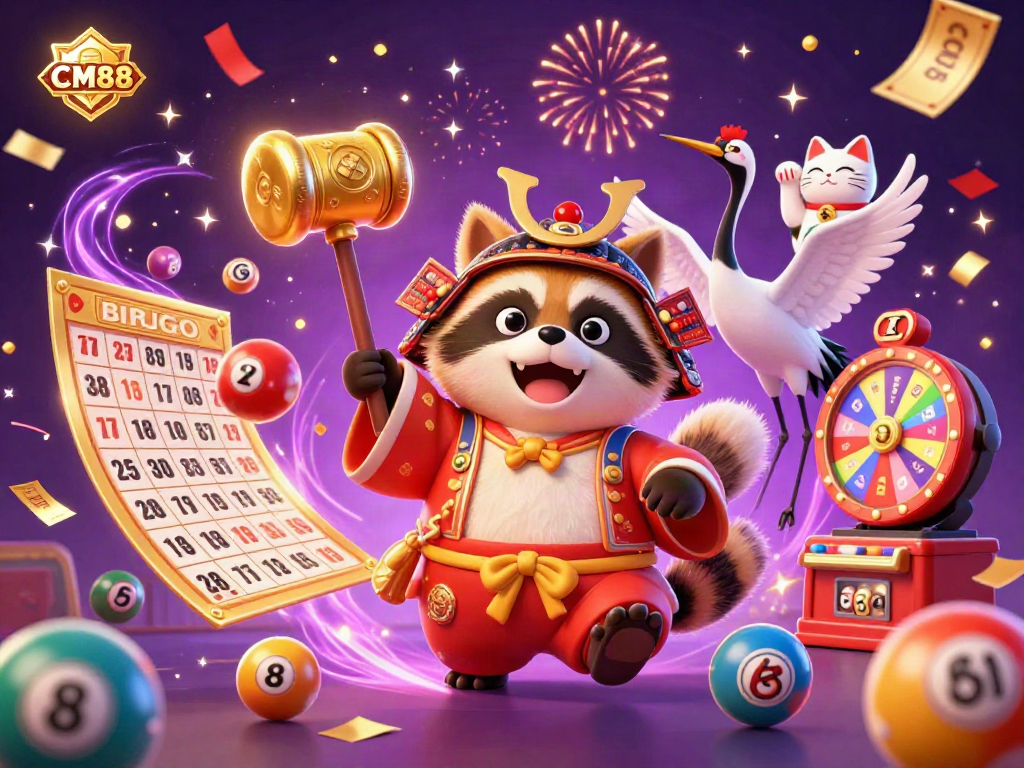 Join the excitement at CM88 with a vibrant casino scene featuring cheerful characters and lottery elements.