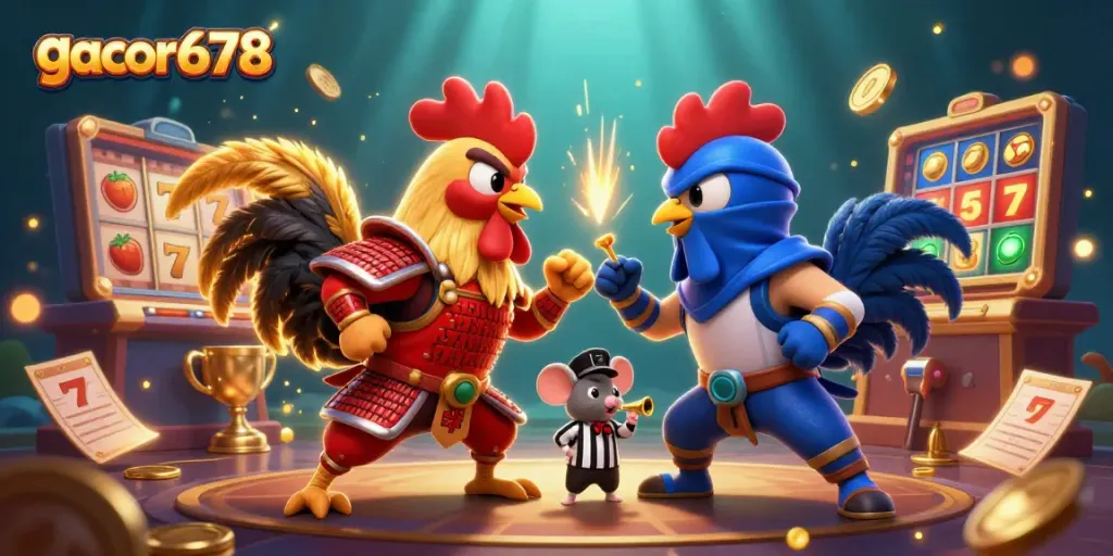 Engage with gacor678 by enjoying thrilling slots alongside dynamic roosters in a vibrant casino standoff.