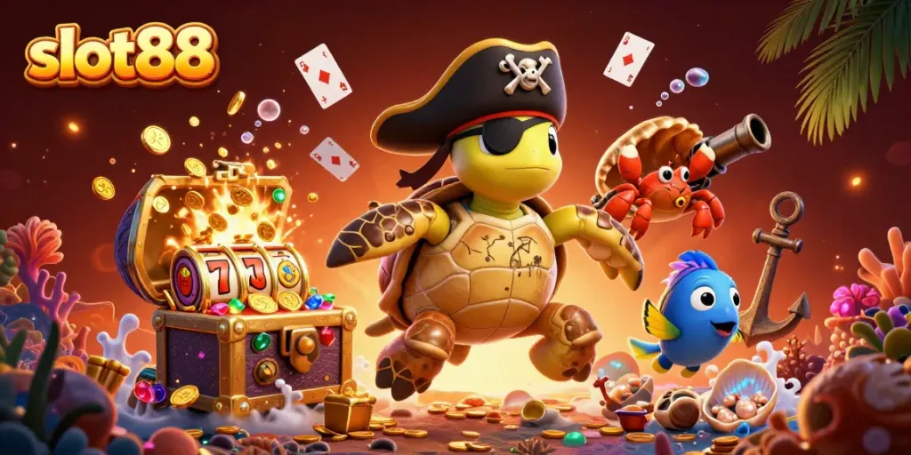 Slot88 menghadirkan suasana kasino dengan penyu kartun, kepiting, dan ikan, dikelilingi permainan slot yang kaya.