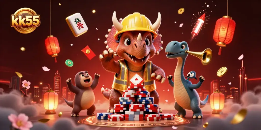 kk55 promotes exciting gaming with a vibrant 3D scene featuring a triceratops, parasaurolophus, and casino elements.