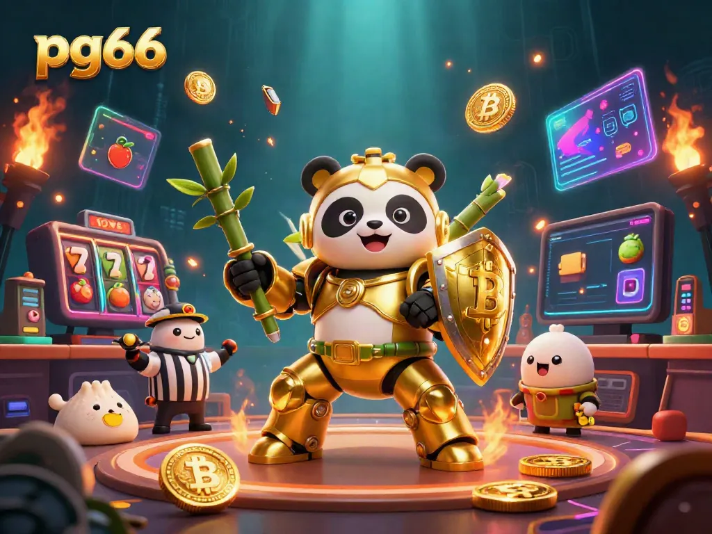 Engage with thrilling pg66 casino games through an epic 3D illustration with unique characters and vibrant elements.