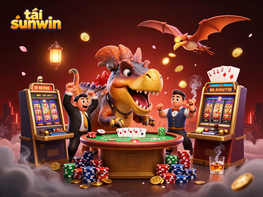 Using tải sunwin, a cartoon pachycephalosaurus triggers a jackpot at a casino scene with gold coins flying.