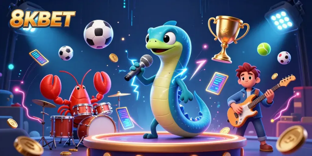 Experience electrifying entertainment at 8KBET's underwater casino with vibrant animated characters.
