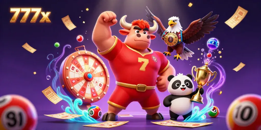 Celebrate wins at 777x with the energetic bull mascot, eagle, and panda amidst vibrant lottery elements.