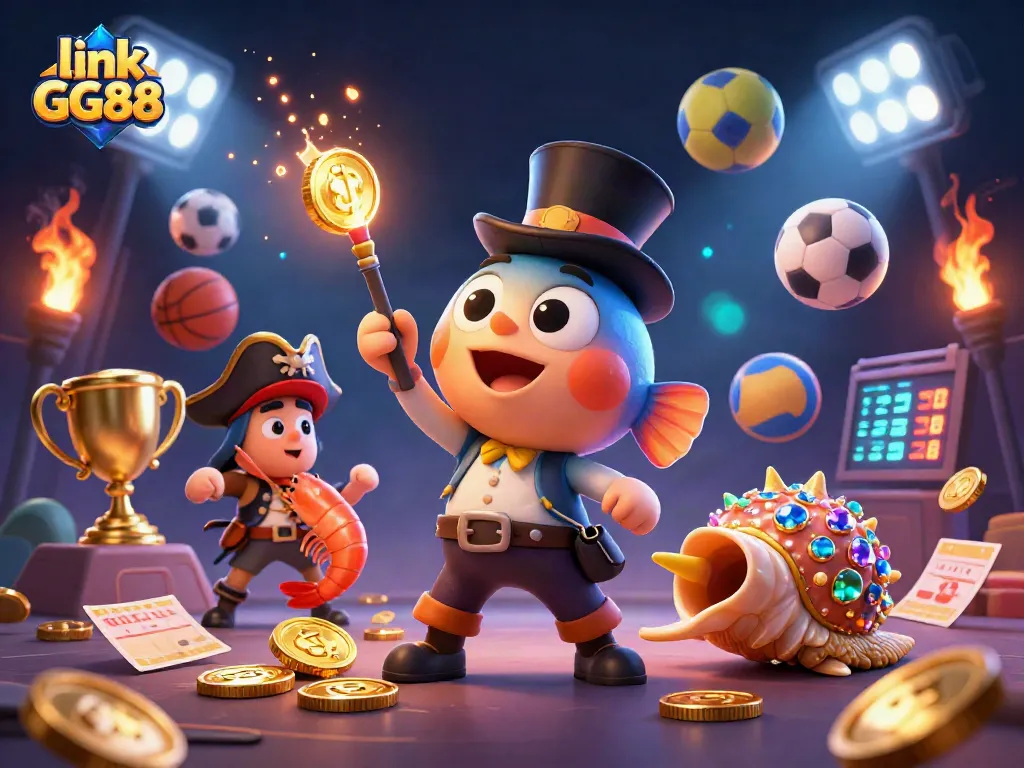 Engage in the excitement of link GG88 as a deep-sea anglerfish attracts gold coins amid dynamic sports elements.